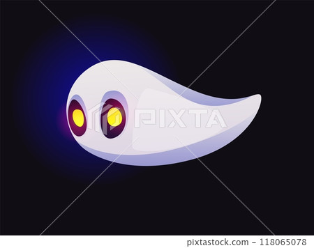 Halloween ghost font, dash punctuation sign. Cartoon evil type, funny scary typeface, spooky monster alphabet symbol. Isolated vector spook glyph character with glowing yellow eyes, floats in darkness 118065078