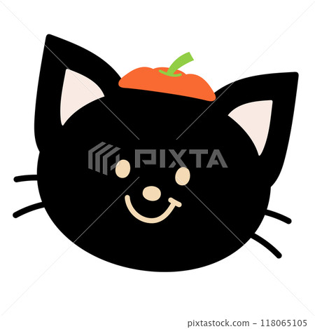 Illustration of black cat wearing pumpkin hat for Halloween decoration, animal, pet shop, vet, card print, cartoon character, cute patches, shirt print, plush toy, kid doll, October element, sticker 118065105