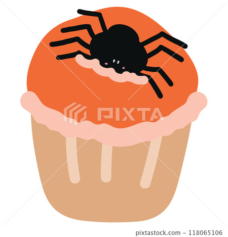 Illustration of cupcake with black spider for Halloween menu, sweet dessert, cafe, restaurant, recipe, baking book, patch, shirt print, October element, snack, card print, sticker, spooky decoration 118065106