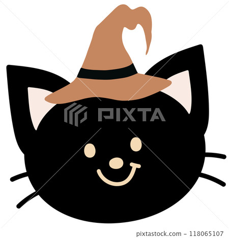 Illustration of black cat wearing witch hat for Halloween decoration, animal, pet shop, vet, card print, cartoon character, cute patches, shirt print, plush toy, kid doll, October element, sticker 118065107