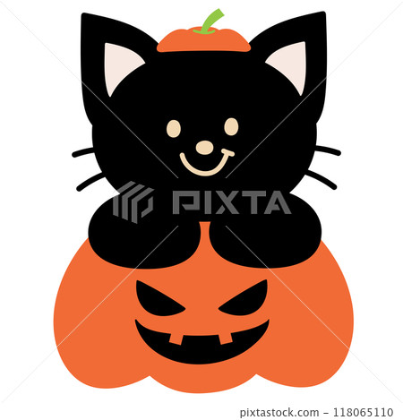 Illustration of black cat, pumpkin, pumpkin hat for Halloween decoration, animal, pet costume, vet, card, cartoon character, cute patches, shirt print, plush toy, kid doll, October element, sticker 118065110