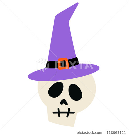 Illustration of head skull wearing witch hat for Halloween, spooky decoration, monster, card print, cartoon character, patches, print, plush toy, kid doll, October element, sticker, campaign badge Illustration of head skull wearing witch hat for Halloween, spooky decoration, monster, card print, cartoon character, patches, print, plush toy, kid doll, October element, sticker, campaign badge 118065121
