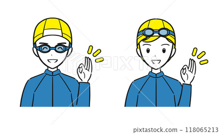 游泳課/課程：男孩女孩穿泳衣並簽OK手勢（簡單） 118065213