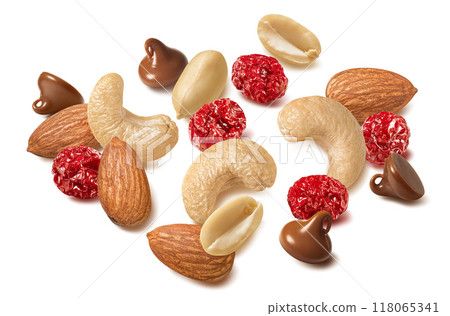 Almond nut, cashew, peanut, cranberry and milk chocolate drops isolated on white background 118065341