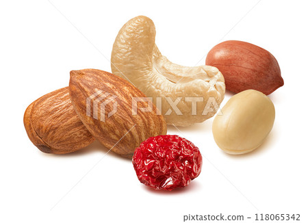 Group of almond, cashew, peanuts and dried cranberry isolated on white background 118065342