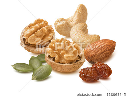 Walnut, almond nuts, raisins and green pumpkin seeds isolated on white background. 118065345
