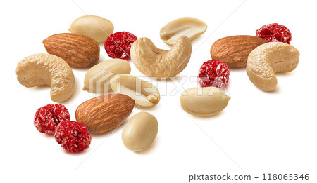 Almond, cashew, peanuts and dried cranberry isolated on white background 118065346