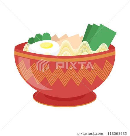 Vector japanese ramen soup. Asian food en red plate. Noodles bowl. Oriental cuisine 118065385