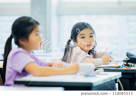 Elementary school students taking lessons in a classroom Elementary school students taking lessons in a classroom 118065513