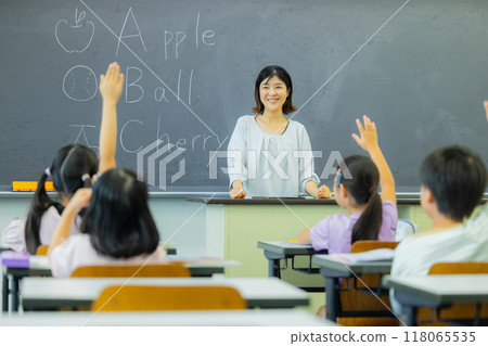 Elementary school students taking lessons in a classroom Elementary school students taking lessons in a classroom 118065535