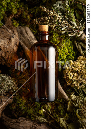 Vintage bottles with tinctures and various dried herbs. Vintage bottles with tinctures and various dried herbs. 118065829