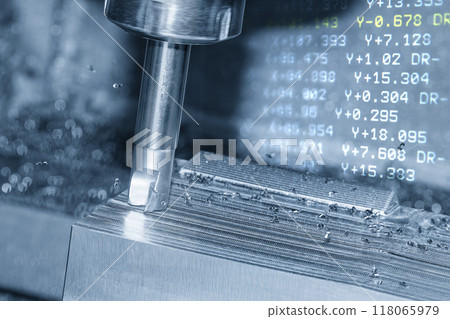 Abstract scene the indexable tool rough cutting the mold parts and G-code data background. 118065979