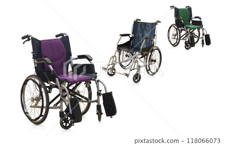 diagonal view, three wheel chairs on white background, object,  comfortable, travel, jaunt, technology, seat, hospital, old, antique, copy space 118066073