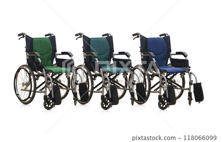 three color wheel chairs sort on white background, object,  comfortable, travel, jaunt, technology, seat, hospital, copy space 118066099