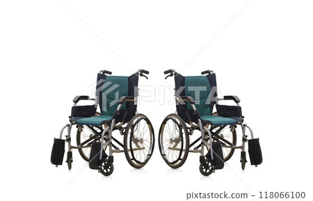two black and green wheel chairs on white background, object, comfortable, travel, technology, seat, hospital, new, copy space 118066100
