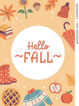 Hello fall card. Hand drawn calligraphy and cute seasonal elements. Vector illustration template 118066264
