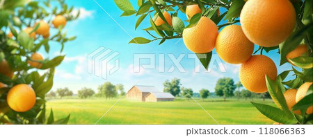 Orange fruits branches frame, sunny day, beautiful rural summer landscape background with copy space Orange fruits branches frame, sunny day, beautiful rural summer landscape background with copy space 118066363