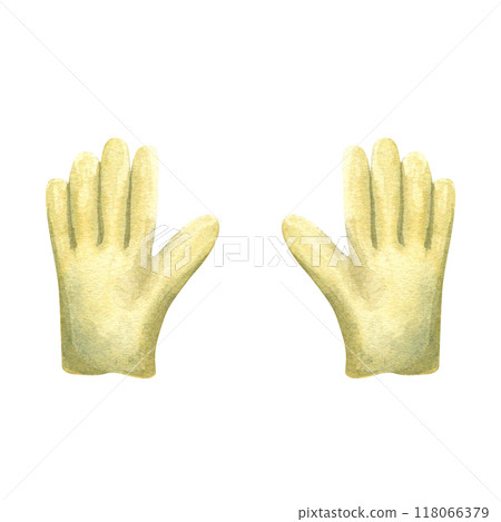 A pair of green gardening gloves. Hand drawn watercolor illustration isolated on white background. For clip art template 118066379
