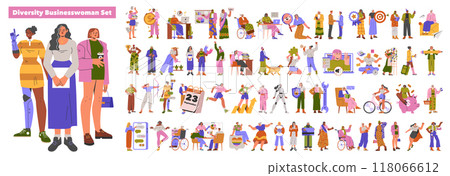 Diversity Businesswoman set. Array of professional women in various roles and activities. Inclusivity in workplace and society displayed. Vector illustration. 118066612