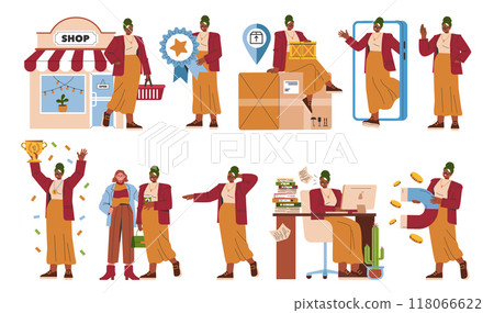 Businesswoman set. Diverse office activities and achievements highlighted. Entrepreneur at work, shopping, winning, and using technology. Vector illustration. 118066622