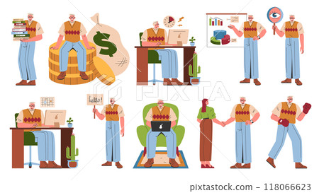 Businessman set. Senior executive activities like working, presenting, greeting, and money management. Company leadership lifestyle. Vector illustration. 118066623