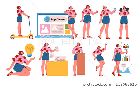 Young Businesswoman set. Multitasking female professional in various activities from presenting to commuting. Dynamic work life balance. Vector illustration. 118066629