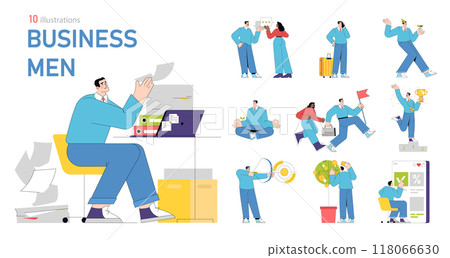 Businessmen set. Corporate lifestyle and workplace activities of men in suits. Office work, traveling, relaxation, success celebration. Vector illustration. 118066630