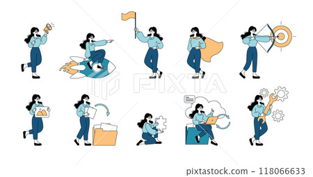 Businesswomen set. Achieving goals, leadership and teamwork concept. Creativity, innovation, and communication in the workplace. Vector illustration. 118066633