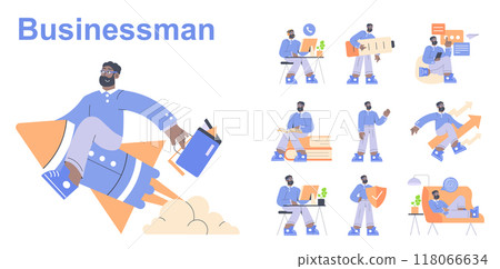 Businessman set. Modern professional in various work situations. Office tasks, successful startup launch, reading, and strategizing. Vector illustration. 118066634