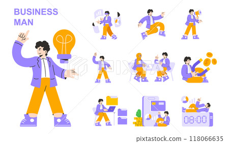 Businessman concept set. Daily activities of a professional, from idea generation to financial management. Engaging in communication, work, and time management. Vector illustration. 118066635