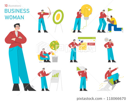 Businesswoman set. Portrayal of professional activities, innovation, and leadership. Capturing goal achievement, strategy planning, and financial growth. Vector illustration. Businesswoman set. Portrayal of professional activities, innovation, and leadership. Capturing goal achievement, strategy planning, and financial growth. Vector illustration. 118066670