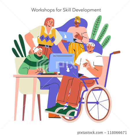 Skill Development Workshop concept. Diverse group of people attending a training session. Inclusivity in education and professional growth. Vector illustration. 118066671
