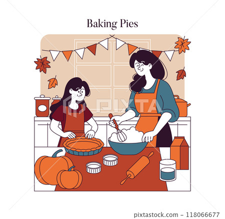 Thanksgiving baking with family. Mother and child prepare pumpkin pie with joyful hearts for the holiday feast. Cozy kitchen ambience. Vector illustration. 118066677