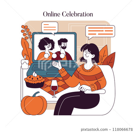 Thanksgiving Day concept. Woman enjoys an online celebration with loved ones, featuring festive elements like pumpkin pie. Vector illustration. 118066678