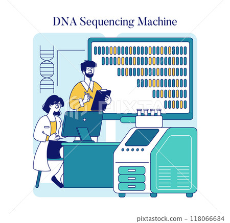 Biotechnology concept. Scientists using a DNA sequencing machine in a modern lab. Genomic research and healthcare innovation. Vector illustration. Biotechnology concept. Scientists using a DNA sequencing machine in a modern lab. Genomic research and healthcare innovation. Vector illustration. 118066684
