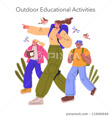 Teacher's profession concept. An educator leads students on an outdoor adventure, fostering learning with nature. Interactive field trip with backpacks and books. Vector illustration. 118066689