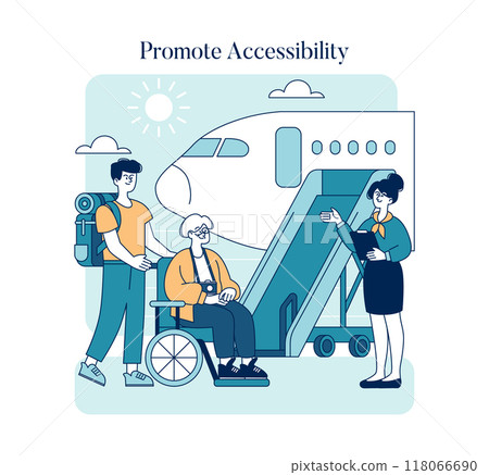 World Tourism Day concept. Promoting travel accessibility for the elderly and disabled with airline assistance. Compassionate air travel services. Vector illustration. 118066690