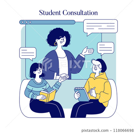 Teacher providing guidance during a student consultation session. Engaged learning through educator support. Vector illustration. Teacher providing guidance during a student consultation session. Engaged learning through educator support. Vector illustration. 118066698