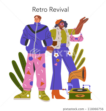 Retro Revival concept. Illustration of stylish people in vintage outfits with a classic record player, evoking nostalgic fashion vibes. Vector illustration. Retro Revival concept. Illustration of stylish people in vintage outfits with a classic record player, evoking nostalgic fashion vibes. Vector illustration. 118066756