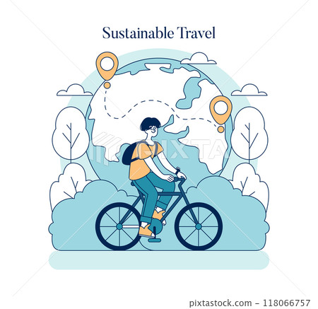 World Tourism Day concept. Eco-friendly travel promotion with a cyclist and global map. Green transportation, responsible tourism, and nature preservation. Vector illustration. World Tourism Day concept. Eco-friendly travel promotion with a cyclist and global map. Green transportation, responsible tourism, and nature preservation. Vector illustration. 118066757