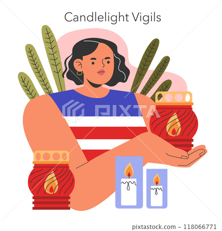 Patriot Day concept. A person holding candles, commemorating with a serene expression. Tribute to unity and remembrance. Vector illustration. 118066771