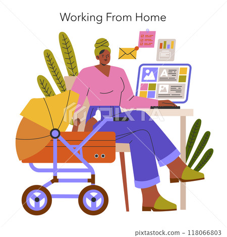 Modern Family concept. A parent combines childcare with remote work in a home office setting. Work-life balance in contemporary life. Vector illustration. Modern Family concept. A parent combines childcare with remote work in a home office setting. Work-life balance in contemporary life. Vector illustration. 118066803