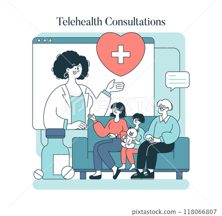 Telehealth Consultations concept. Family receives medical advice online. Doctor engaging with patients through digital platform. Vector illustration. Telehealth Consultations concept. Family receives medical advice online. Doctor engaging with patients through digital platform. Vector illustration. 118066807