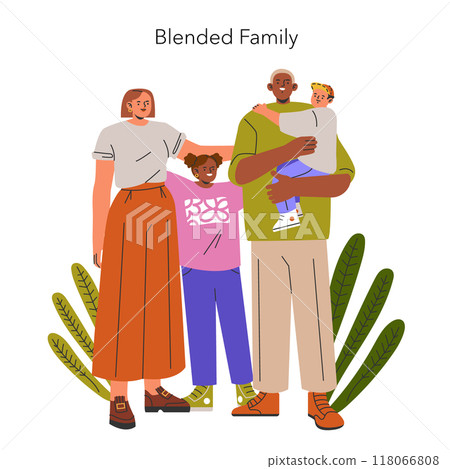 Blended Family concept. Illustration showcasing a diverse, modern family with children, embodying unity and love. Inclusivity in domestic life. Vector illustration. Blended Family concept. Illustration showcasing a diverse, modern family with children, embodying unity and love. Inclusivity in domestic life. Vector illustration. 118066808