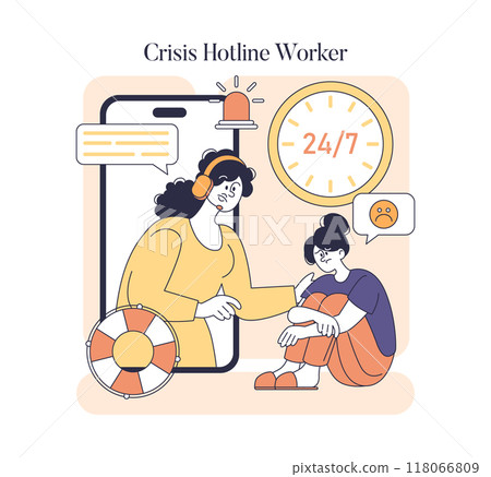 Suicide Prevention Day concept. Illustration of a crisis hotline worker assisting a person in need, symbolizing support and care. Available help around the clock. Vector illustration. Suicide Prevention Day concept. Illustration of a crisis hotline worker assisting a person in need, symbolizing support and care. Available help around the clock. Vector illustration. 118066809