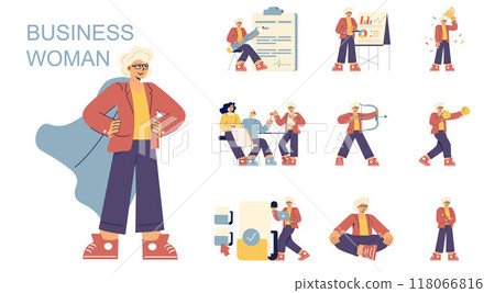 Businesswoman set. Professional female leader in various activities, from presentations to team meetings. Confident character in workplace scenarios. Vector illustration. Businesswoman set. Professional female leader in various activities, from presentations to team meetings. Confident character in workplace scenarios. Vector illustration. 118066816