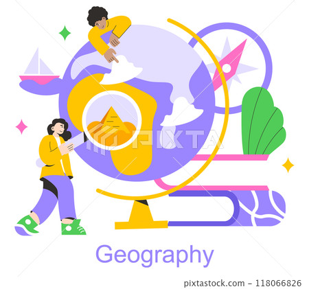 Collaborative Learning concept. Students engaging with geography through interactive elements. Exploration, digital aids, and teamwork in education. Vector illustration. 118066826