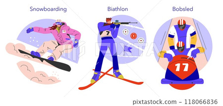 Winter Sports set. Dynamic depiction of snowboarding, biathlon, and bobsled activities. Recreational and competitive winter action sports. Vector illustration. 118066836
