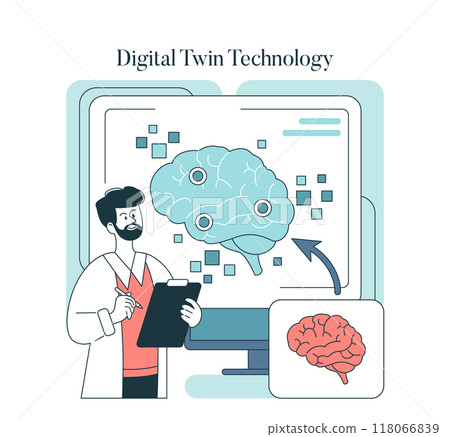 Digital Twin Technology concept. Scientist analyzes a simulated brain model on a computer, exploring advanced medical tech. Vector illustration. Digital Twin Technology concept. Scientist analyzes a simulated brain model on a computer, exploring advanced medical tech. Vector illustration. 118066839