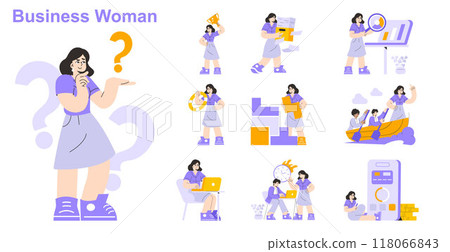 Businesswoman set. Female professional in various work scenarios and decision-making roles. Leadership, strategy, and multitasking. Vector illustration. 118066843